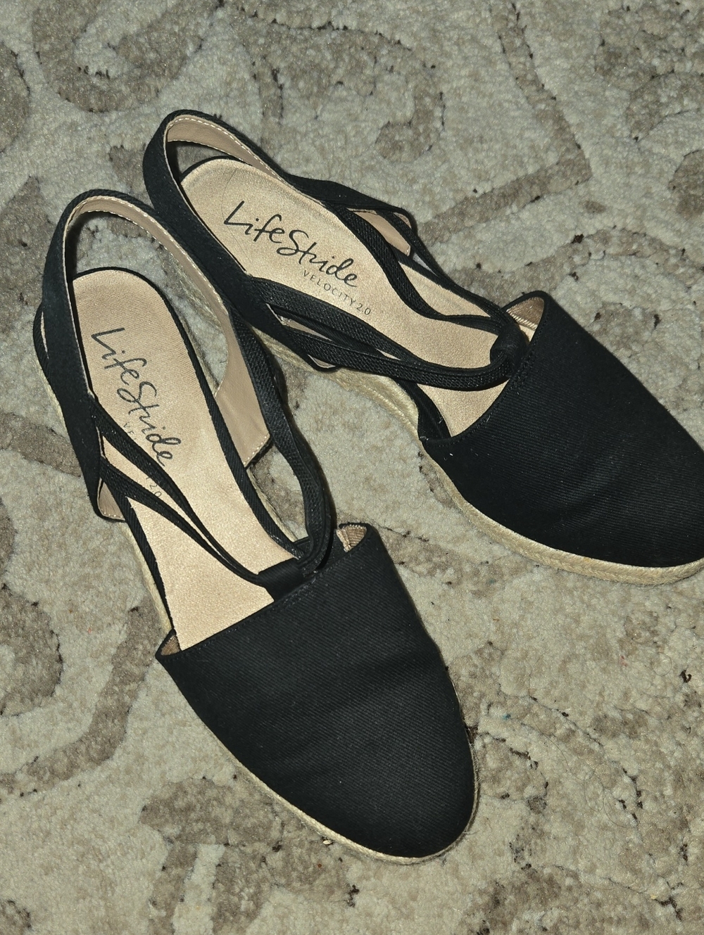 Life Stride Black Canvas Slingback Espadrille Wedges
